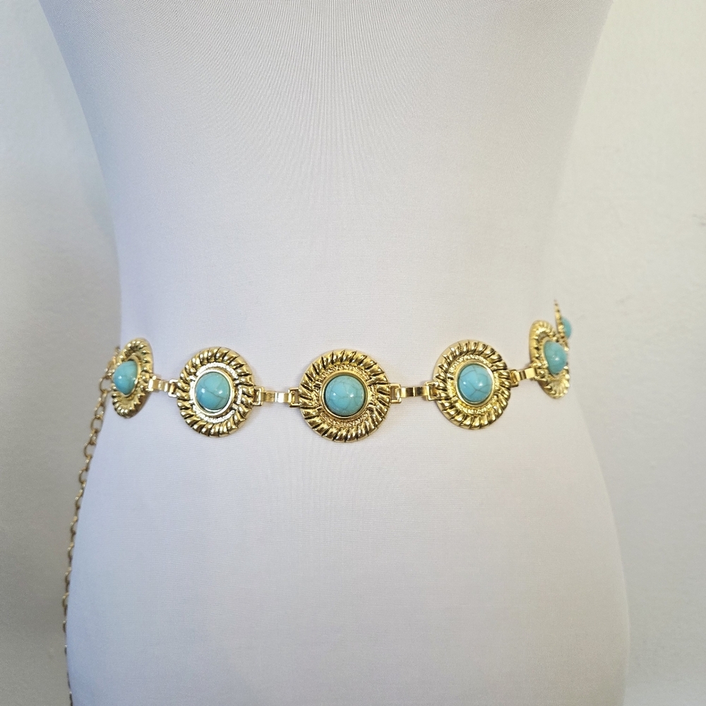Circular Textured Gold and Turquoise Chain Belt - Picture 3 of 8